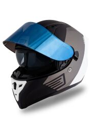 Origine Strada Layer Mat Siyah-Titanyum-Beyaz Kask Güneş Vizörlü Kask Mavi Camlı L