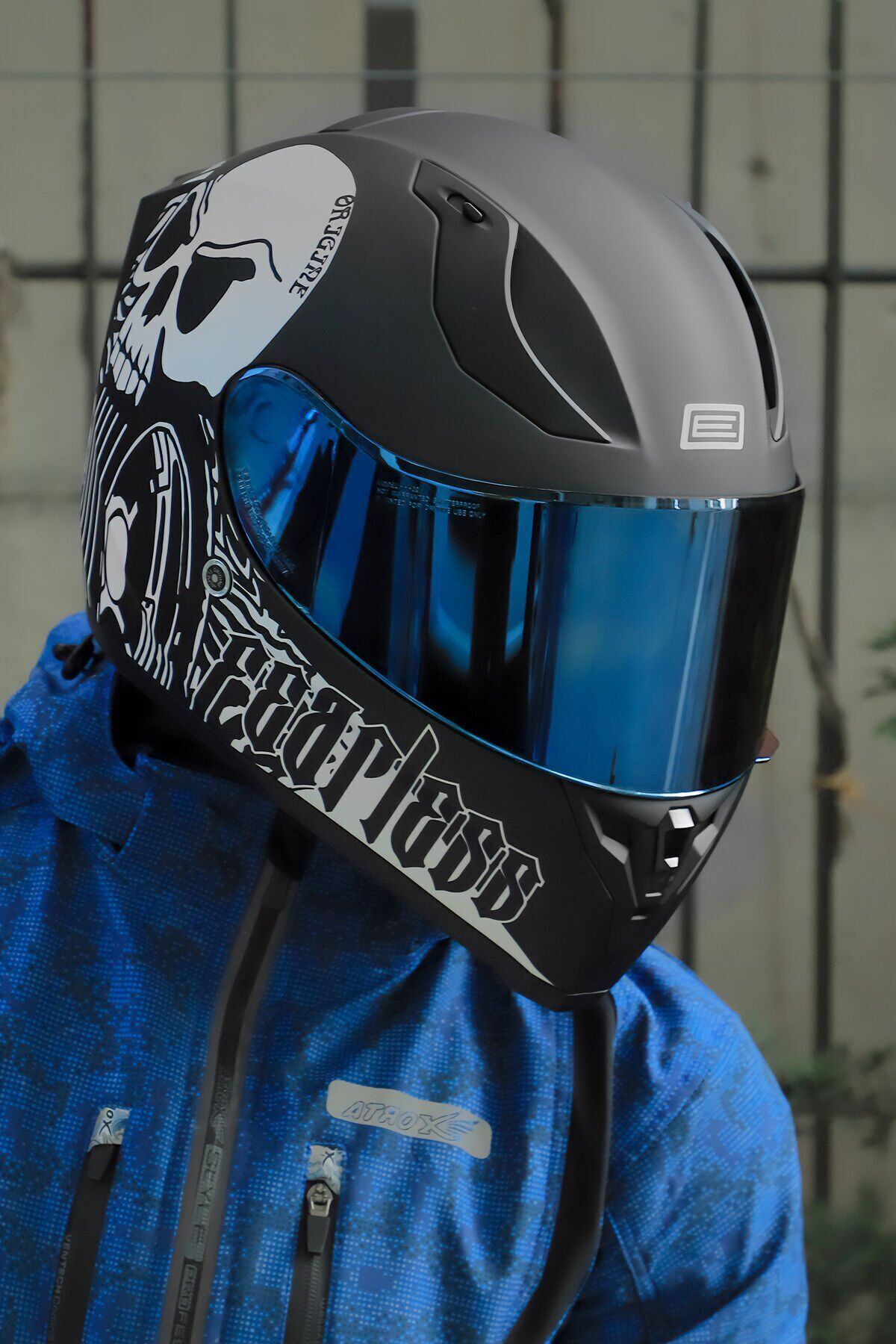 Origine Strada Fearless Mat Siyah-Beyaz Güneş Vizörlü Kask Mavi Camlı XS