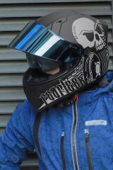 Origine Strada Fearless Mat Siyah-Beyaz Güneş Vizörlü Kask Mavi Camlı 2XL