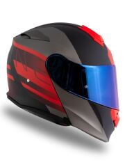 Origine Delta Row Mat Titanyum-Siyah-Kırmızı Güneş Vizörlü Çene Açılır Kask Mavi Camlı L