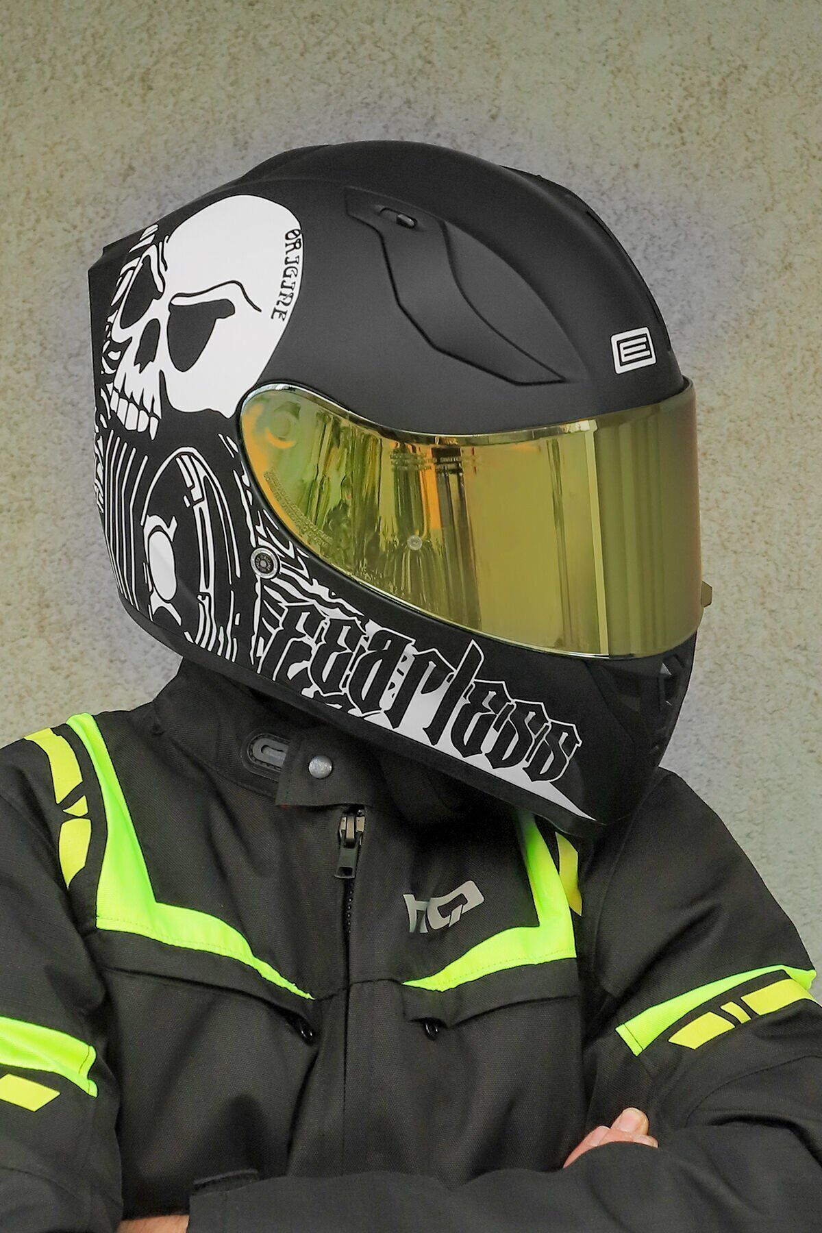 Origine Strada Fearless Mat Siyah-Beyaz Güneş Vizörlü Kask Sarı Camlı 2XL