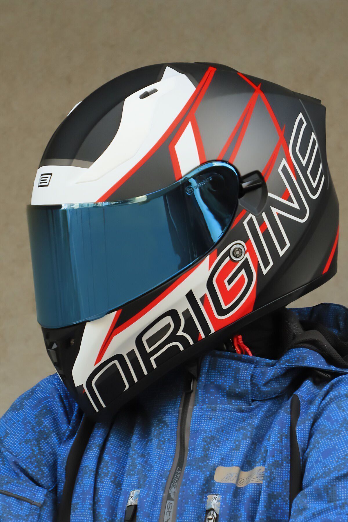 Origine Strada Competition Beyaz-Kırmızı-Siyah Güneş Vizörlü Kask Mavi Camlı XS