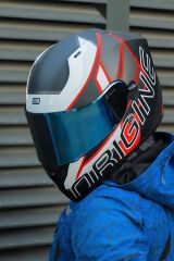 Origine Strada Competition Beyaz-Kırmızı-Siyah Güneş Vizörlü Kask Mavi Camlı L