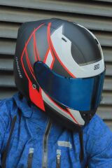 Origine Strada Competition Beyaz-Kırmızı-Siyah Güneş Vizörlü Kask Mavi Camlı XL