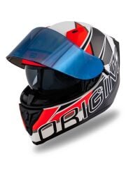 Origine Strada Competition Mat Siyah-Turuncu-Beyaz Güneş Vizörlü Kask Mavi Camlı XS