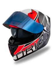 Origine Strada Competition Mat Siyah-Turuncu-Beyaz Güneş Vizörlü Kask Mavi Camlı 2XL